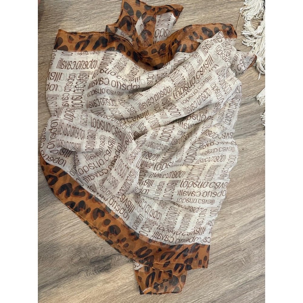 Roberto Cavalli Scarf Shawl‎ Off-White Monogram Leopard Print Silk